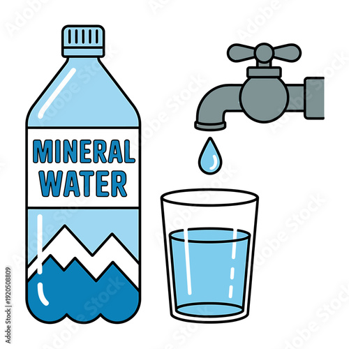 Mineral water bottle tap and glass of water illustration