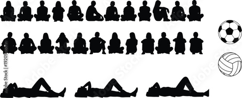 Children sitting silhouettes and sports balls set, cad drawing flat vector illustration of kids group poses collection