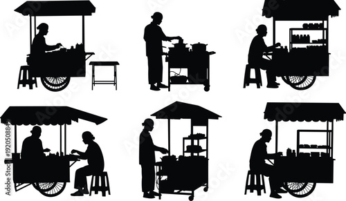 Street food vendor silhouette collection, cad drawing flat vector illustration of mobile market stalls and traditional food carts