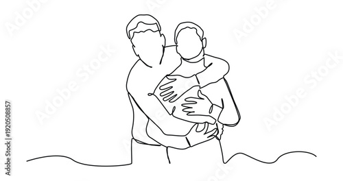 Continuous line art of Two young guys hugging each other. Feel happy friends meet with hugs isolated on white background.