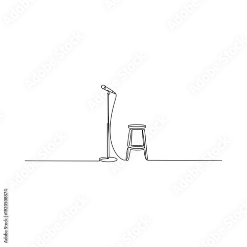 Simple line drawing of a microphone and stool suggesting a performance stage setup