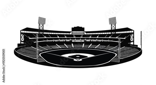 A striking black and white illustration depicts a baseball stadium with detailed architecture creating a dramatic silhouette high quality