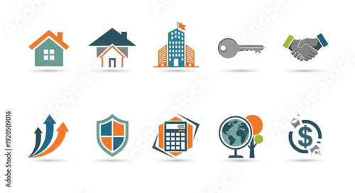 Collection of business and finance icons on white background.