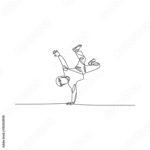 A continuous line drawing of a young boy performing a handstand on the ground