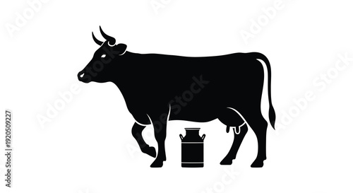 A striking black silhouette depicts a cow standing beside a milk pail in a simple composition silhouette high quality professional detailed