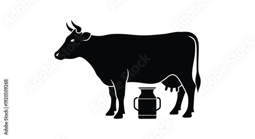 A striking black silhouette of a cow standing beside a milk pail showcasing rural farm life silhouette high quality professional detailed