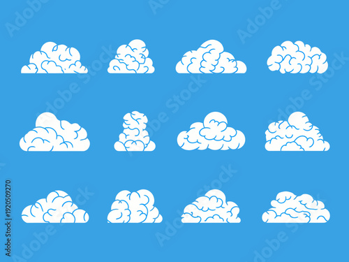 Collection of white fluffy cloud shapes on blue sky background