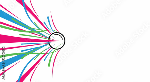Colorful abstract explosion of lines emanating from a central circle on a white background, dynamic motion and energy