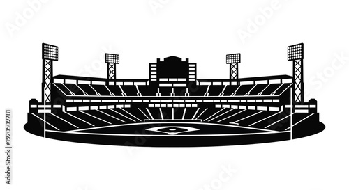A striking black and white illustration depicts a baseball stadium with detailed architecture presented as a silhouette high quality