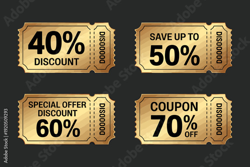 Golden discount tickets with percentages for sale and shopping promotions