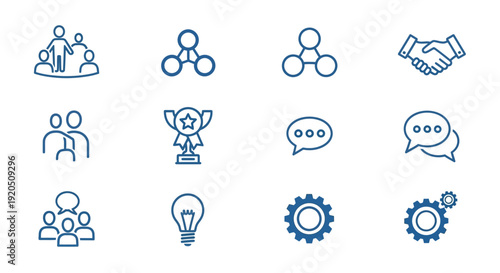 Collection of blue line icons representing teamwork ideas and business concepts