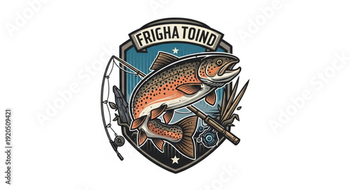 Trout Fishing Emblem with Fishing Rod and Reel.
