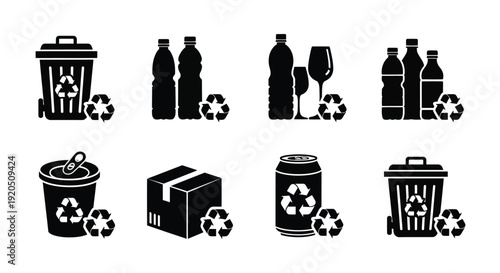 Black and white icons depicting various recycling and waste disposal items