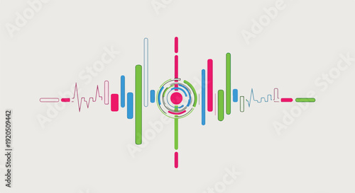 Abstract sound wave visualization with colorful bars and a central circular graphic representing audio technology and digital music.