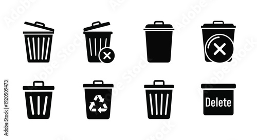 Collection of black trash can icons with varying lid styles and symbols