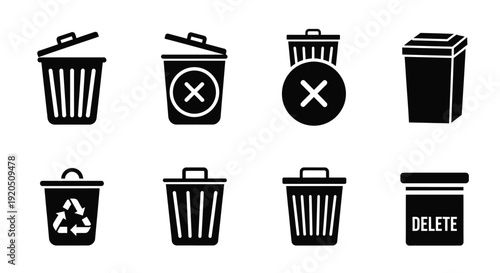 Black and white icons depicting various types of trash cans and waste bins