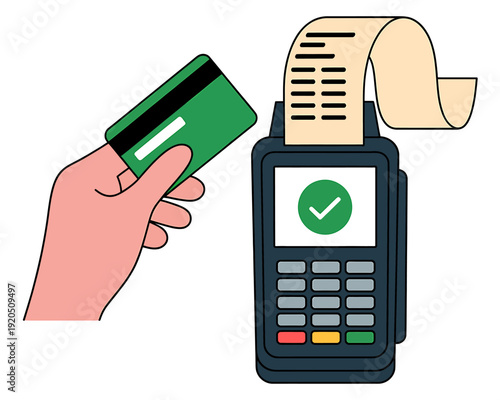 Hand holding green credit card near payment terminal with receipt