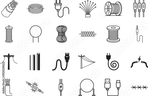Wires and cables linear icon set. Modern outline symbols for network, power and connectivity.