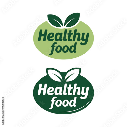 Healthy food logos with green leaves on white background