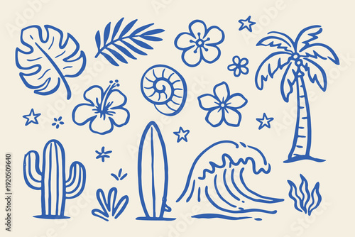 Tropical beach doodle elements set vector illustration