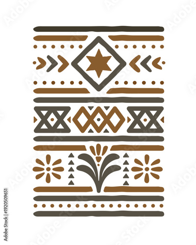 Abstract geometric tribal pattern in earthy brown tones with symmetrical shapes, perfect for textile, wallpaper, and decor design.