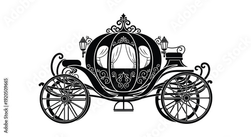 An ornate black carriage with detailed scrollwork and large wheels is depicted in a striking silhouette high quality professional