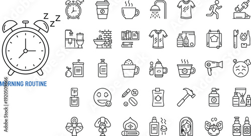 Black and white vector line art icon set illustrating daily morning routine activities including an alarm clock, shower, coffee, skincare, exercise, and personal care.