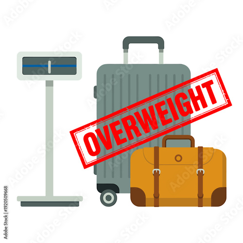 Overweight luggage and suitcase on a scale for travel  overweight sign