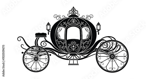 An ornate vintage horse drawn carriage is depicted in a detailed black and white illustration silhouette high quality professional modern