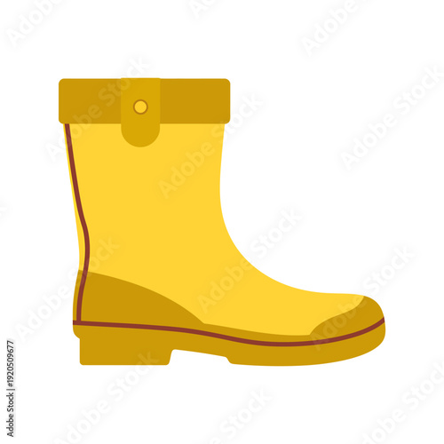 Yellow rubber rain boot with red trim and buckle isolated on white background