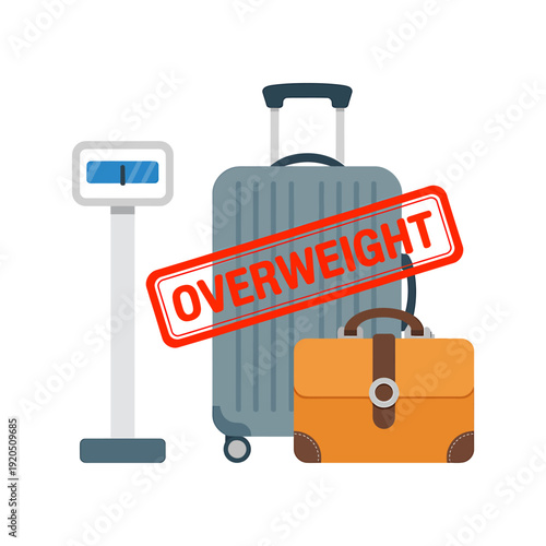 Overweight luggage with a suitcase and a briefcase on a scale