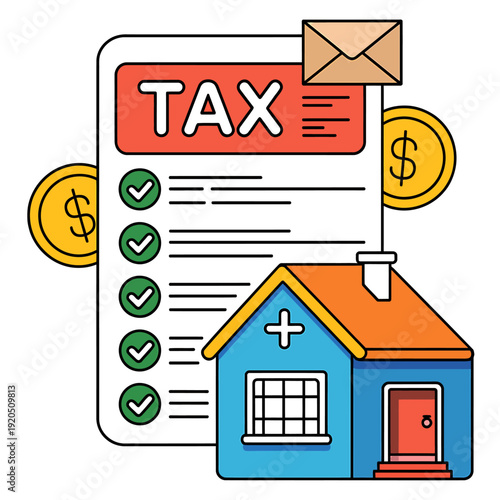 Tax form with checklist and house on white background for property tax return