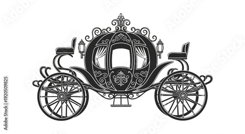 An ornate vintage horse drawn carriage is depicted in a striking black and white illustration silhouette high quality professional detailed