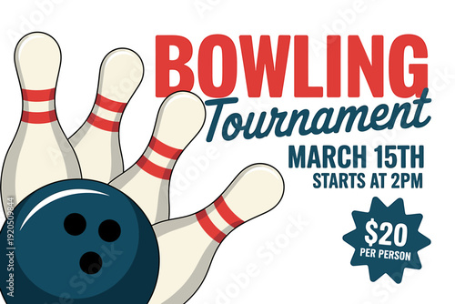 Bowling tournament poster with pins and ball on white background