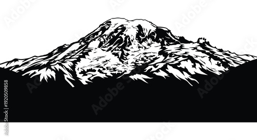 A striking black and white illustration depicts a majestic mountain range with detailed textures presented as a silhouette high quality professional