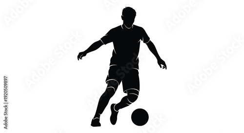 A dynamic black silhouette depicts a male athlete in motion seemingly playing or practicing soccer silhouette high quality professional