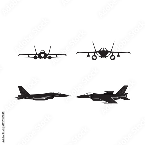 Silhouetted fighter jet designs top front and side views