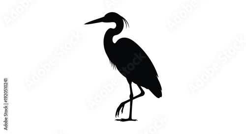 A striking black silhouette of a long legged wading bird possibly a heron or egret stands gracefully against a white background silhouette