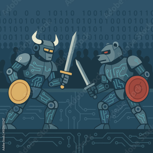 Robot warrior duel, engaging action, digital arena background