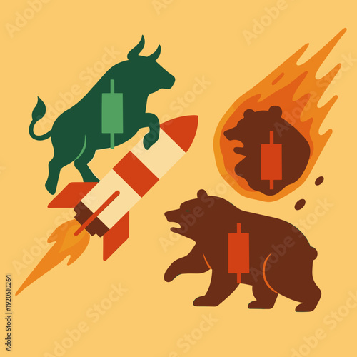 Bull and bear market concepts illustrated with rocket and fire elements