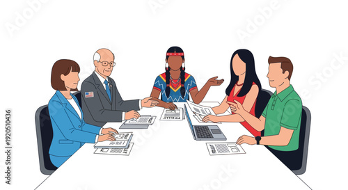 Diverse group discussing policy documents in meeting