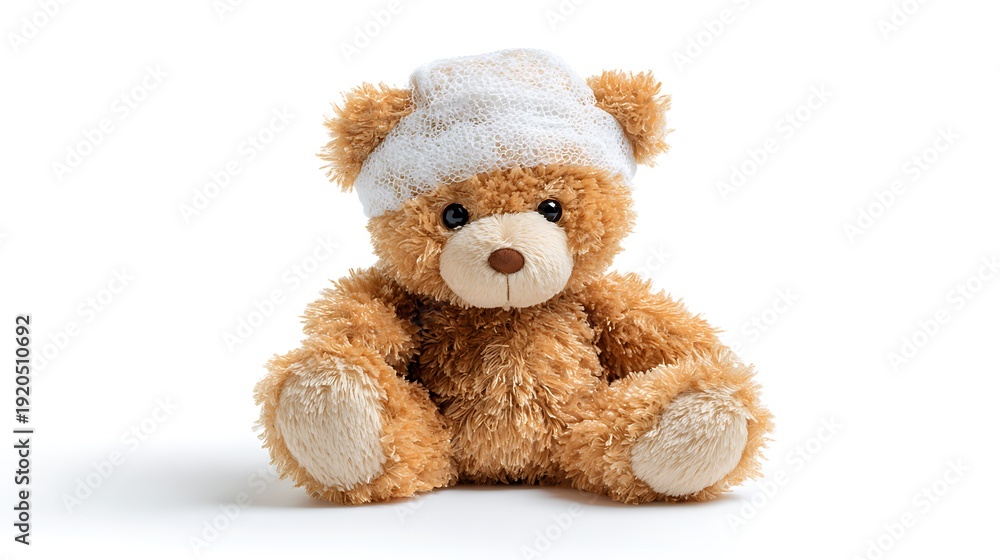 Fototapeta premium Teddy Bear Wearing White Knit Hat on White Background