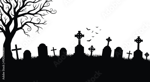 A stark black graveyard scene with ornate crosses and bare trees against a bright white background silhouette high quality
