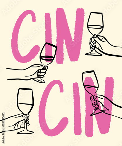 Wine Tasting Concept with Hand Drawn Lettering and Glasses Line Art.Creative wine tasting concept with hand drawn lettering and minimal line art illustration of hands holding glasses