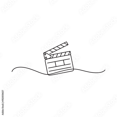 A simple line drawing depicts a classic film clapperboard suggesting motion picture production
