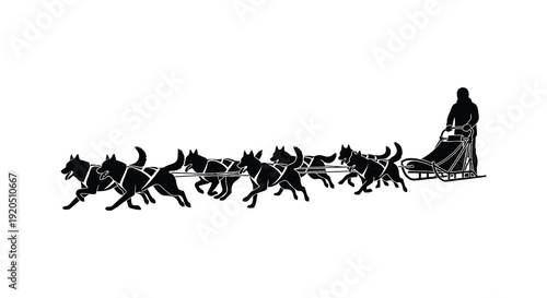 A striking black silhouette depicts a dog sled team in motion with a musher steering showcasing winter travel silhouette
