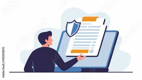 Employee submitting secure digital report with shield protection on laptop, ethical reporting mechanism concept.