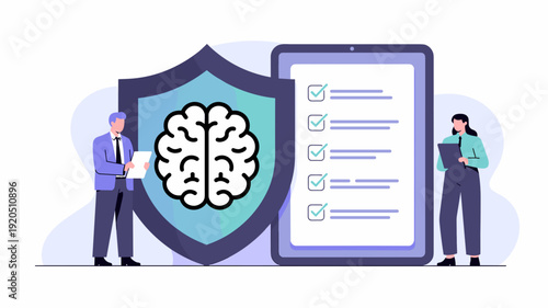 Digital brain inside shield with professionals reviewing checklist on tablet, Responsible artificial intelligence governance and ethical technology concept.