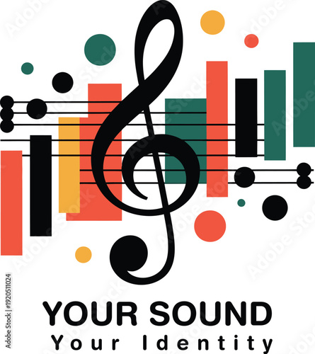 Vibrant music logo with treble clef and colorful sound waves representing unique identity