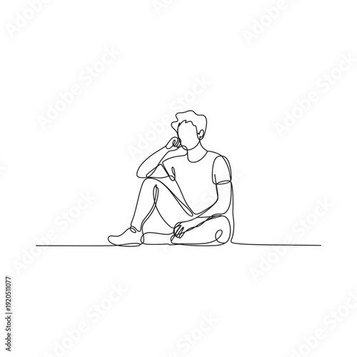 A single continuous line drawing of a pensive young man sitting in thought